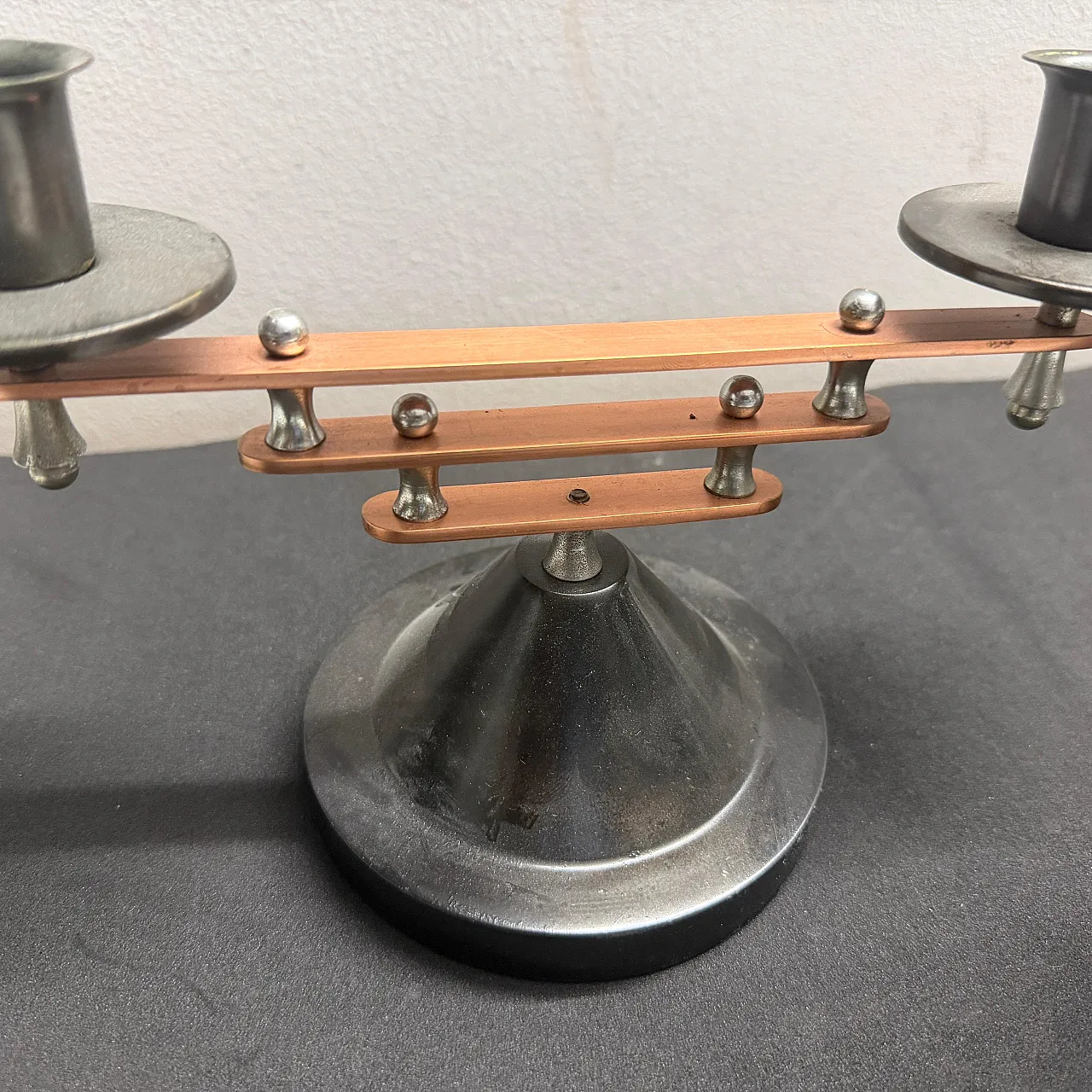 Pair of silver plated and copper two lights candelabras, 1930s 9