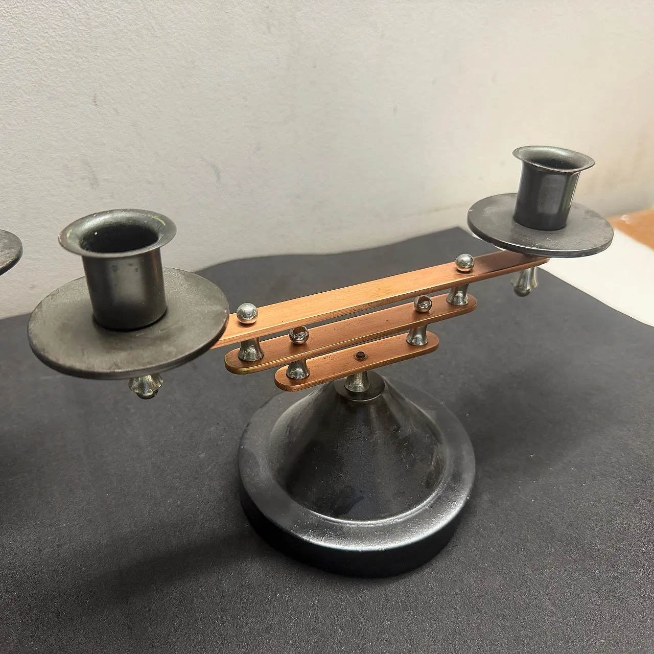 Pair of silver plated and copper two lights candelabras, 1930s 11