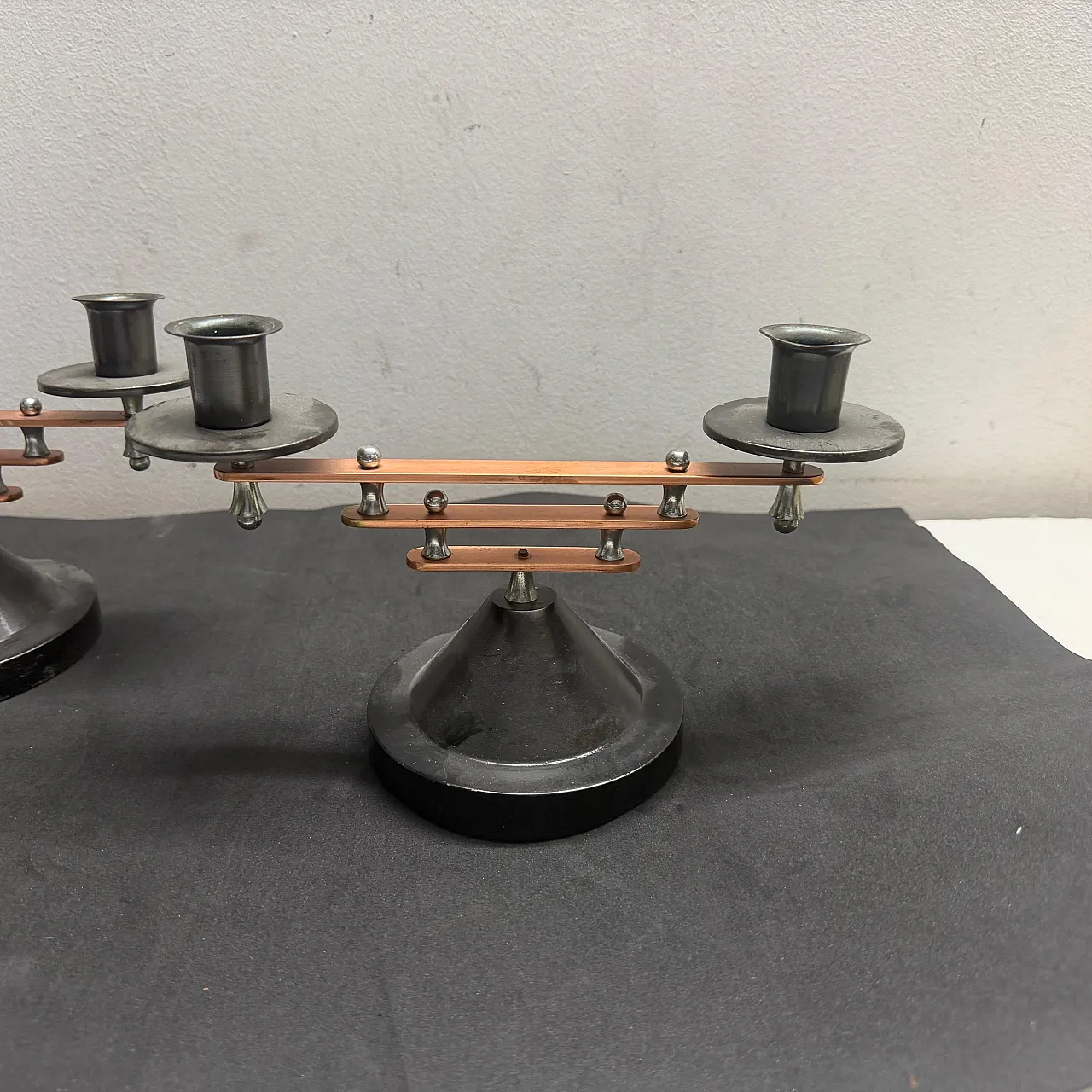Pair of silver plated and copper two lights candelabras, 1930s 12