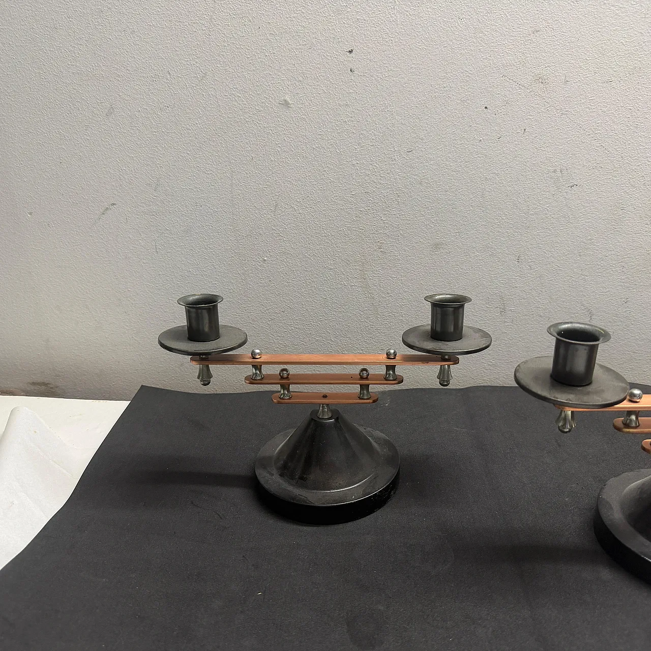 Pair of silver plated and copper two lights candelabras, 1930s 13