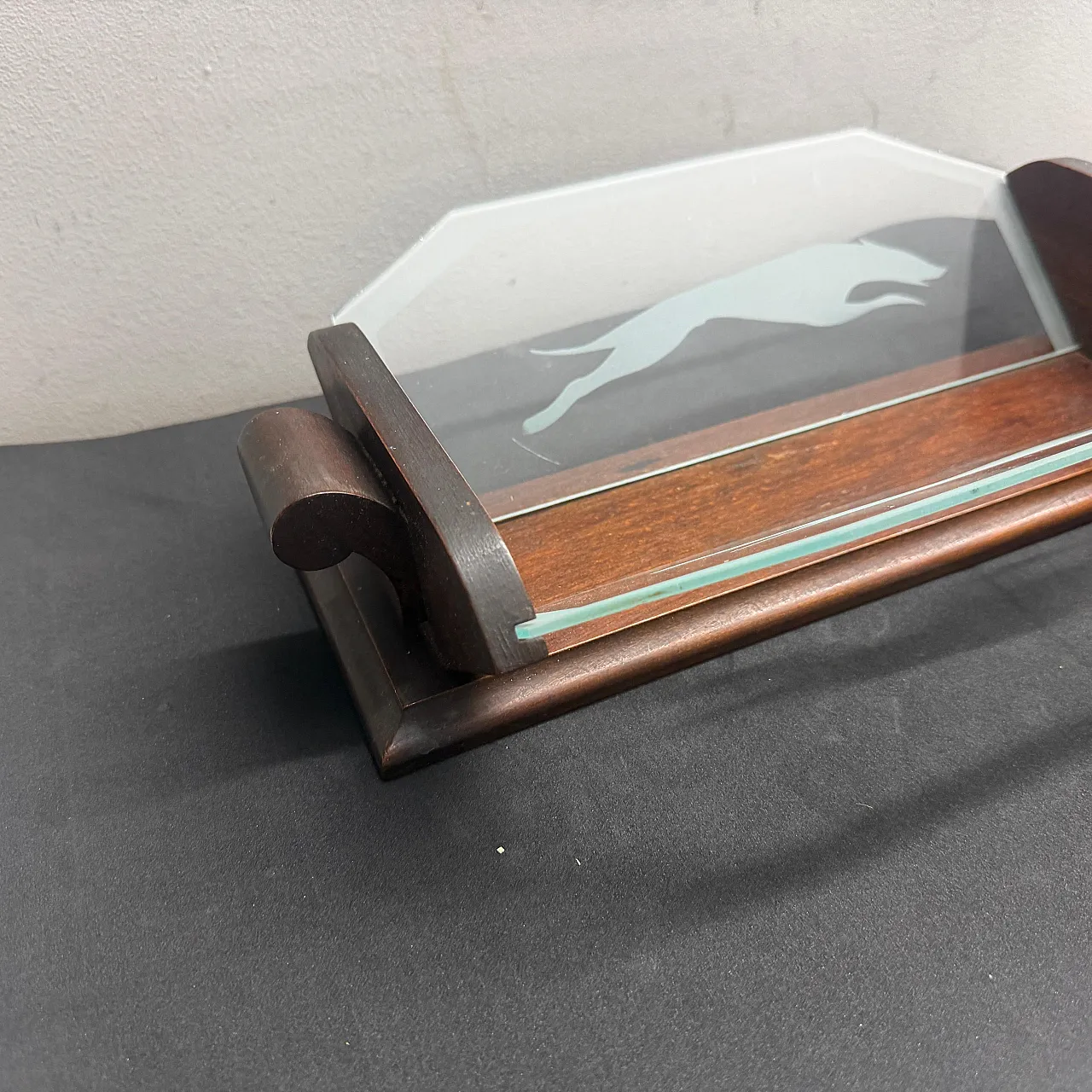 Art Deco wood and greyhounds etched glass centerpiece, 1930s 13