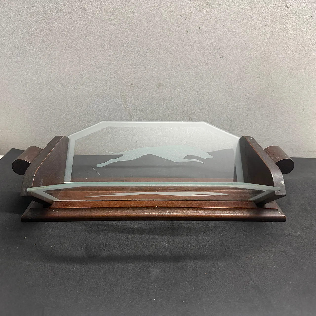 Art Deco wood and greyhounds etched glass centerpiece, 1930s 14
