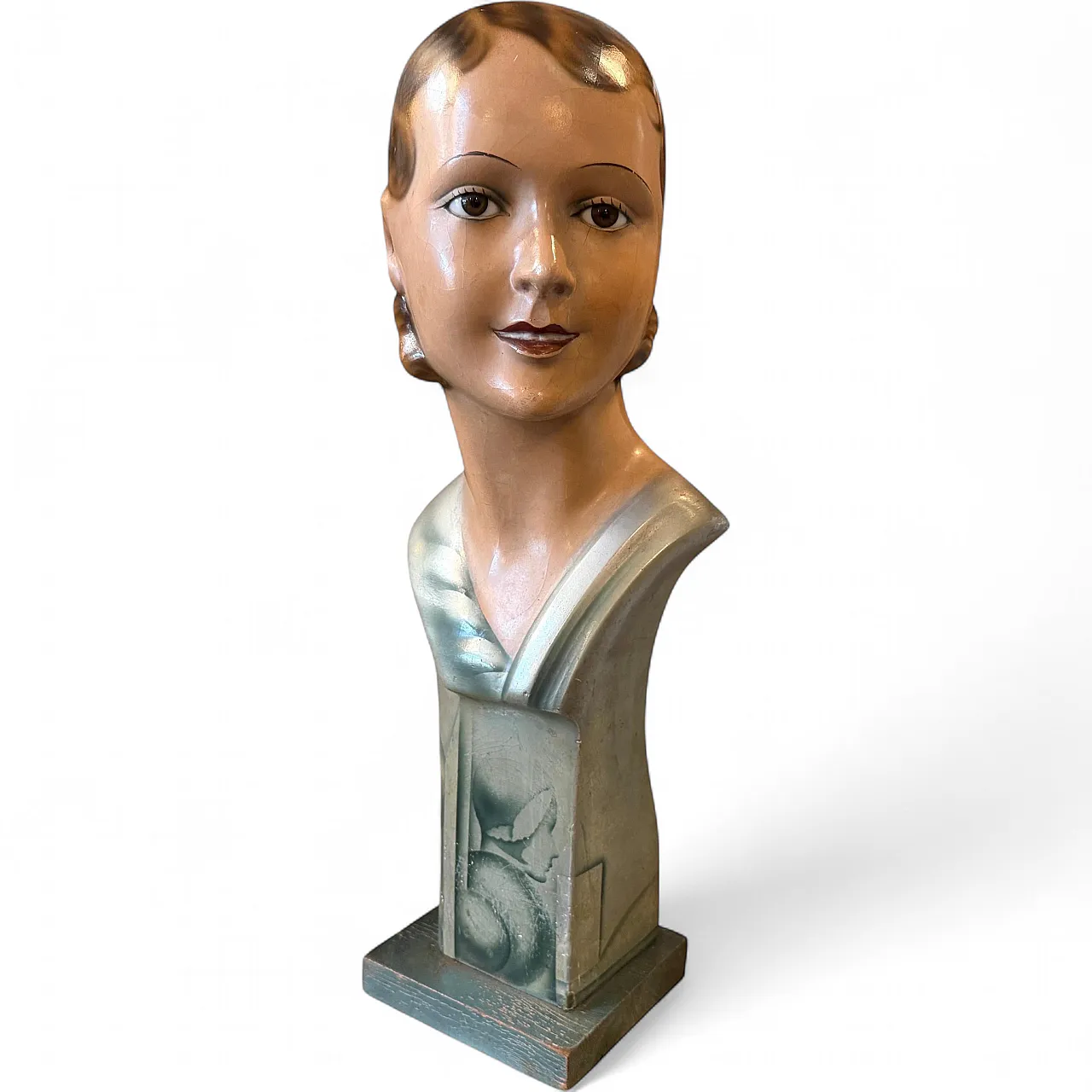 Busto di donna Art Nouveau con occhi in cartapesta e vetro, primo '900 17