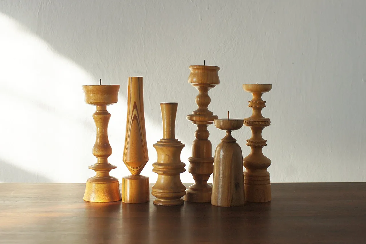 6 Wooden candleholders, 1960s 1