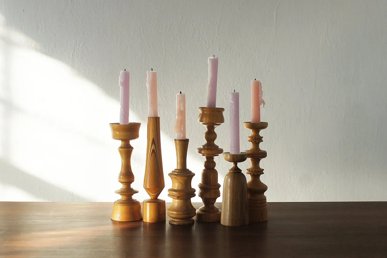 6 Wooden candleholders, 1960s 2