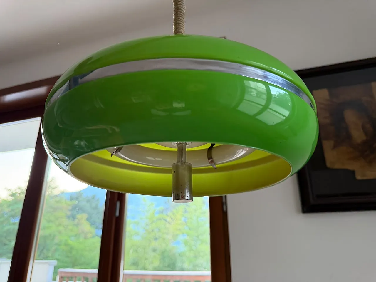 Lampadario  in acrilico verde e cromo, stile Space Age, anni '70 3