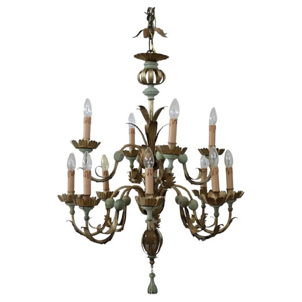 Lacquered wood and iron chandelier, 12 lights, early 1900s 1