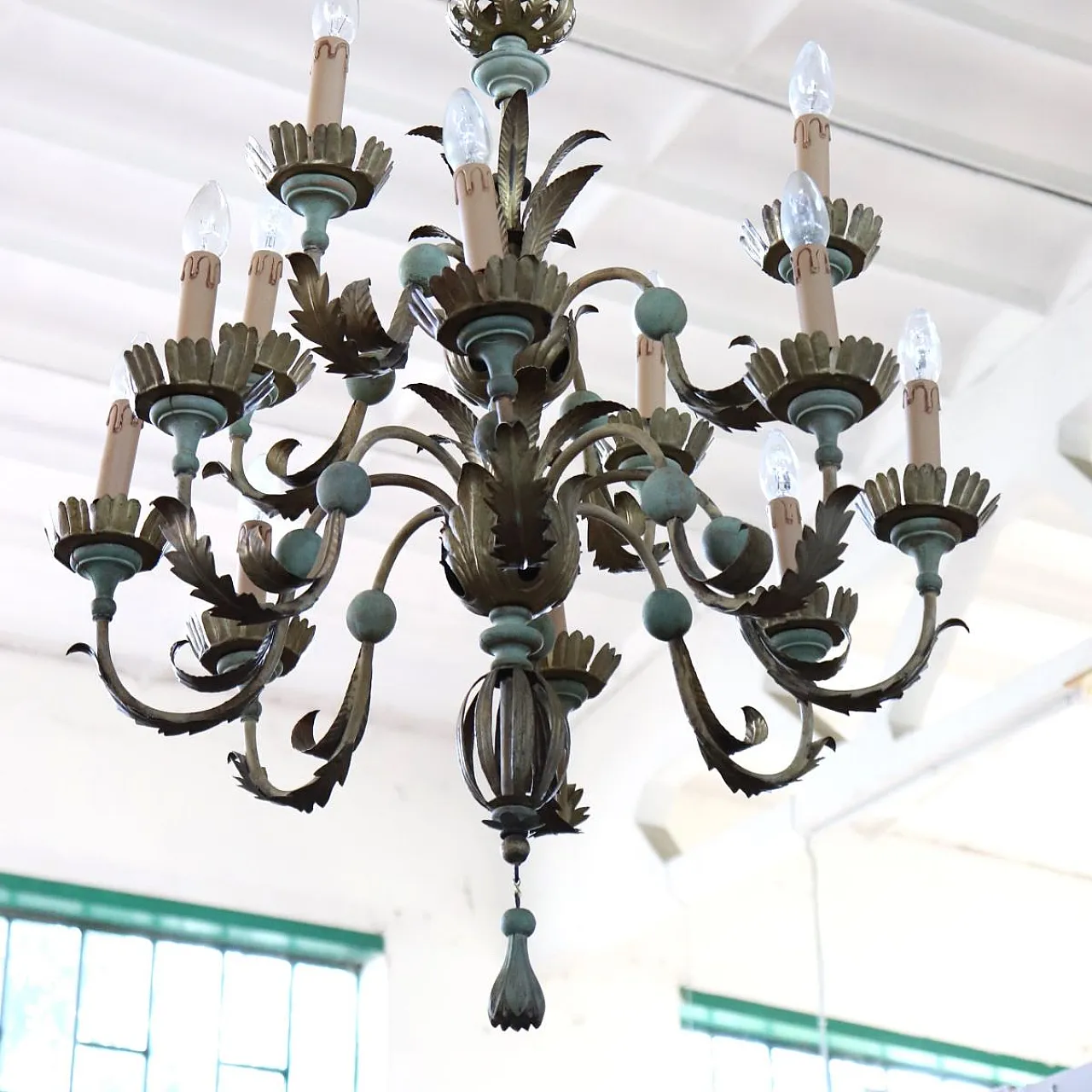 Lacquered wood and iron chandelier, 12 lights, early 1900s 13