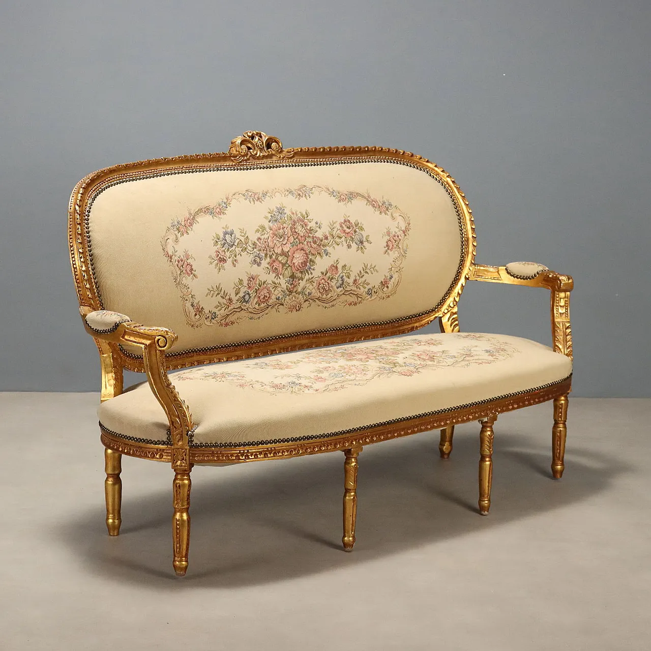 Neoclassical style sofa in gilded wood, early 20th century 1