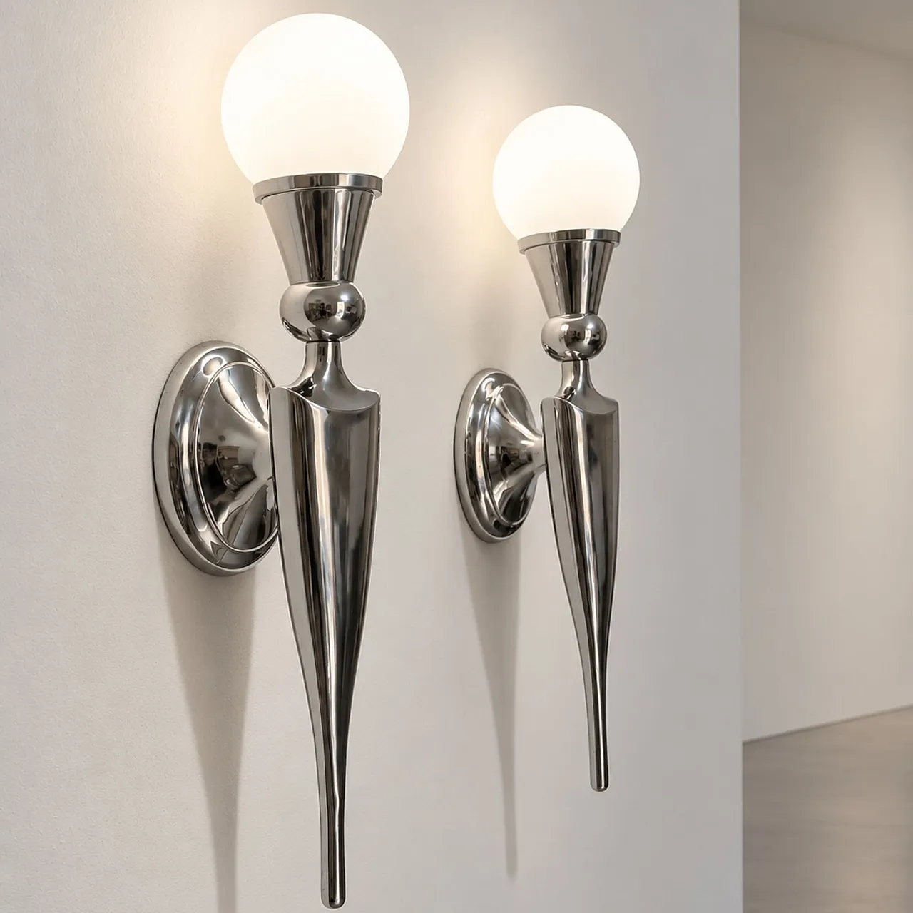 Pair of French Art Deco wall lamps in nickel-plated aluminum and glass 6