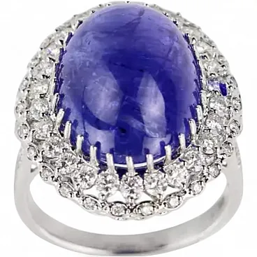 Ring in 18k white gold, tanzanite and diamonds, 20th century