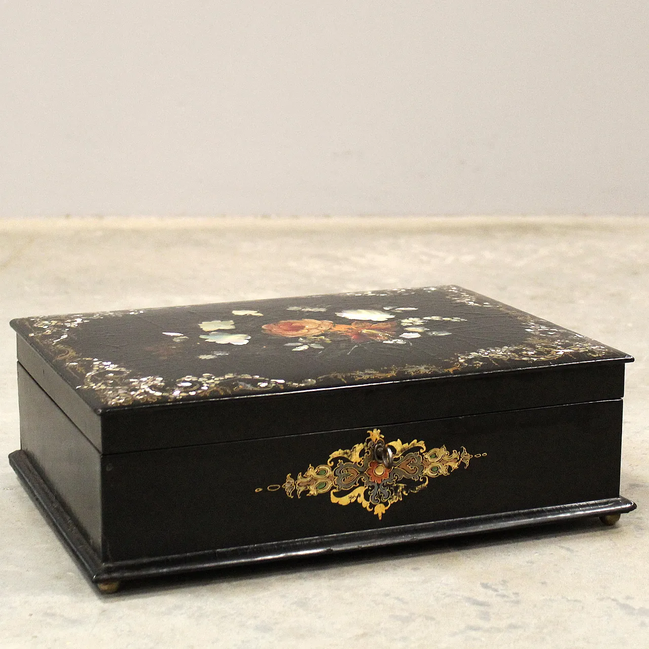 19th century inlaid painted lacquered wooden casket box 1