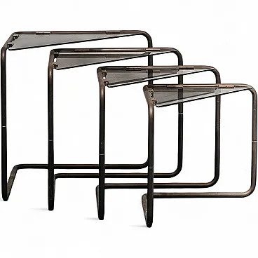 Set of 4 Modular Metal and Glass Coffee Tables, 1960s Modern Design