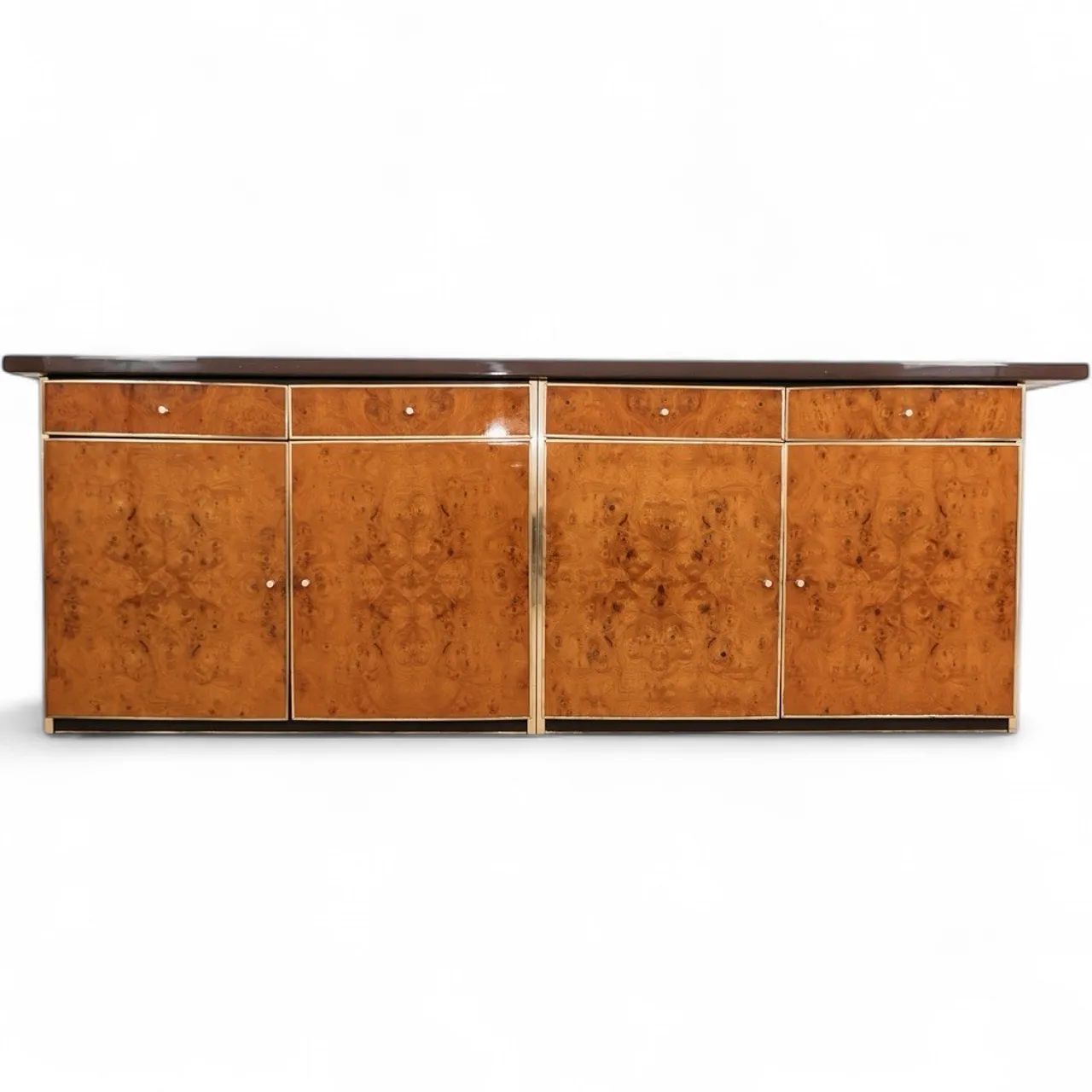 Sideboard in briar root and golden metal, modern 1970s style 12