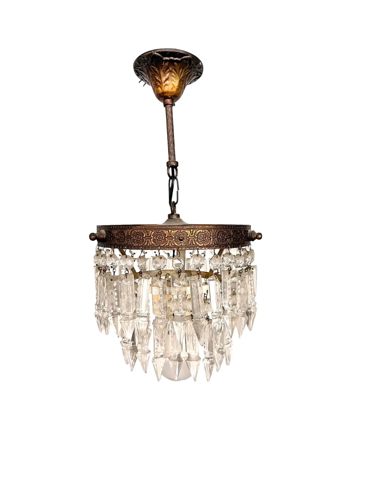 Empire chandelier with glass gems, pendant crystals and brass, 1940s 1