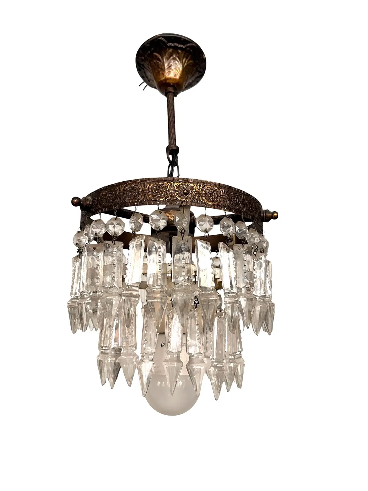 Empire chandelier with glass gems, pendant crystals and brass, 1940s 2