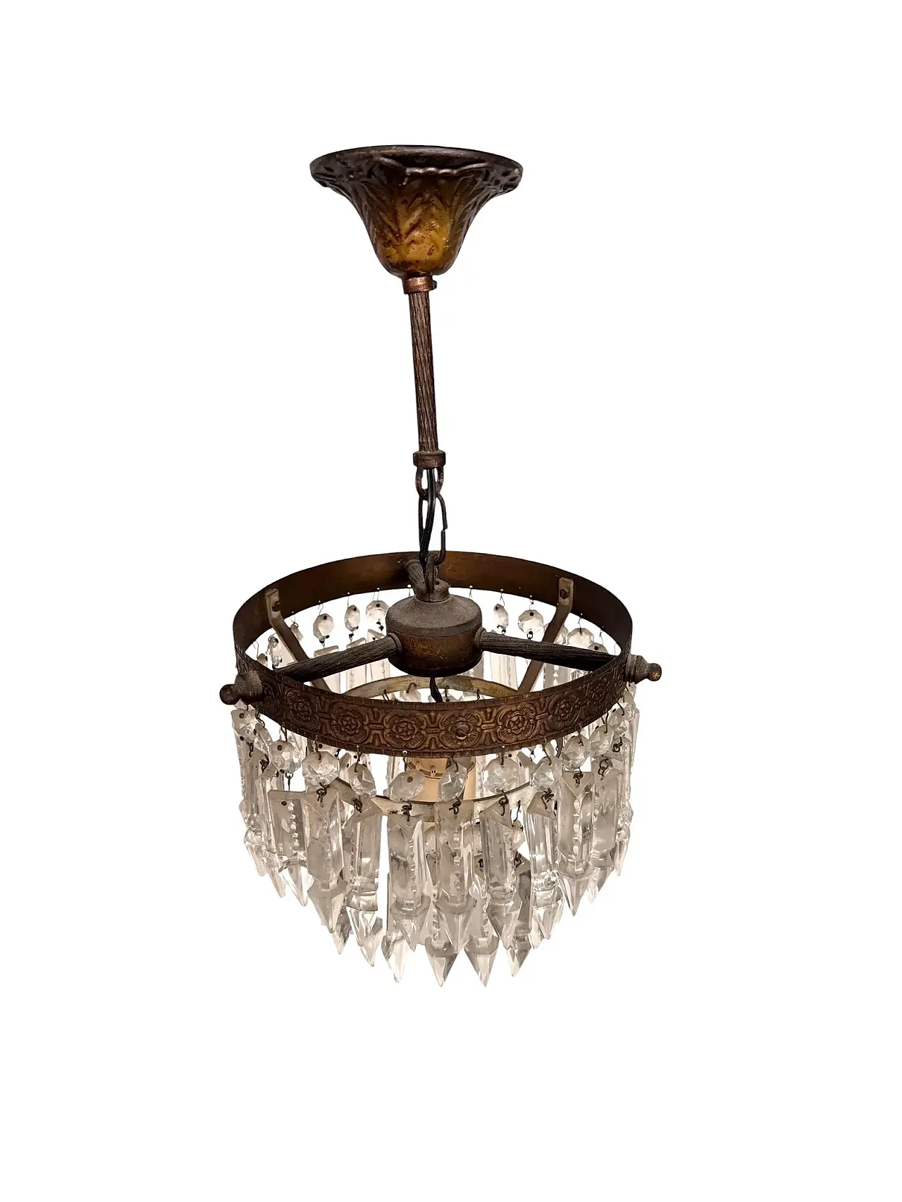 Empire chandelier with glass gems, pendant crystals and brass, 1940s 3