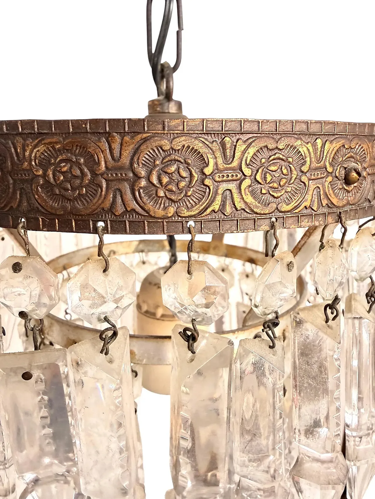 Empire chandelier with glass gems, pendant crystals and brass, 1940s 5
