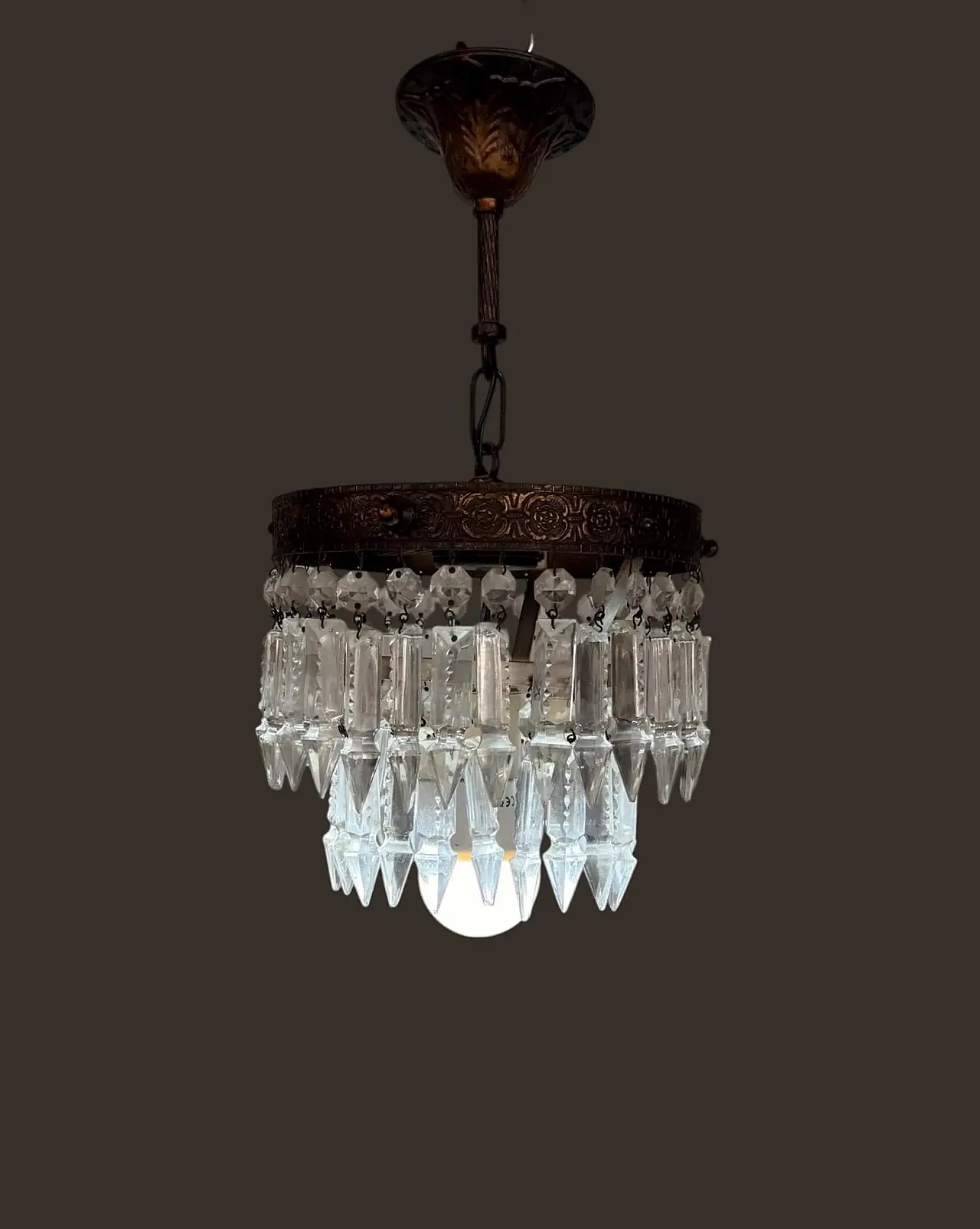Empire chandelier with glass gems, pendant crystals and brass, 1940s 7