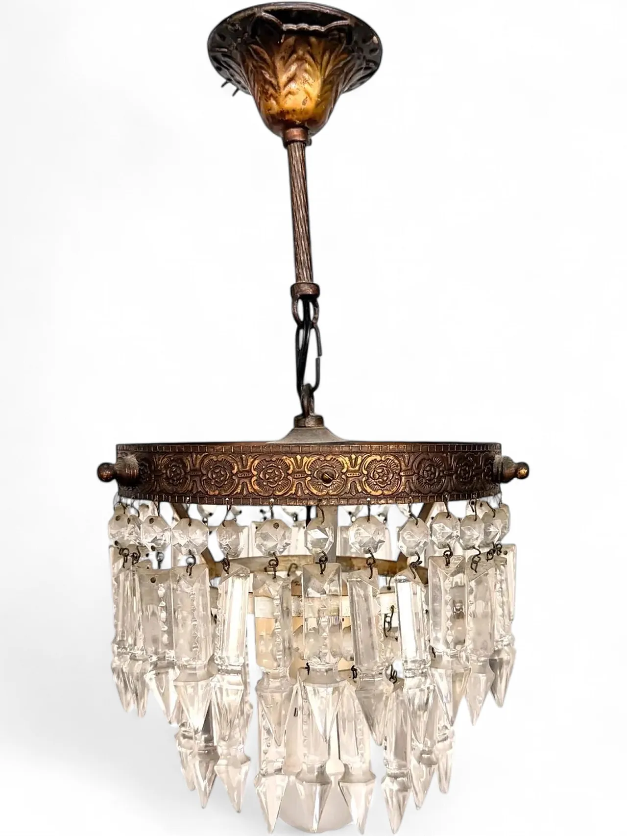 Empire chandelier with glass gems, pendant crystals and brass, 1940s 8