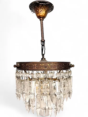 Empire chandelier with glass gems, pendant crystals and brass, 1940s