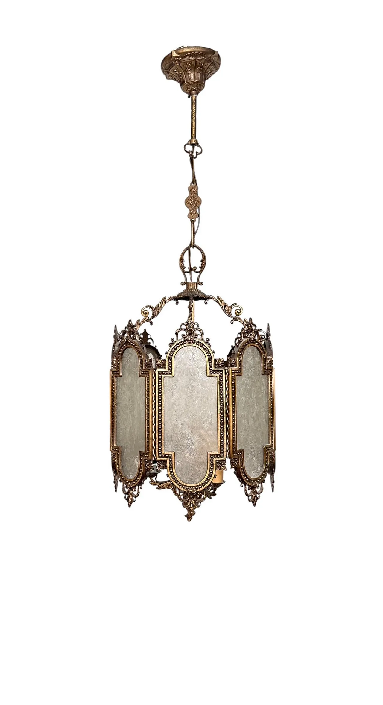 8-Sided neo gothic brass lantern chandelier, 1970s 1