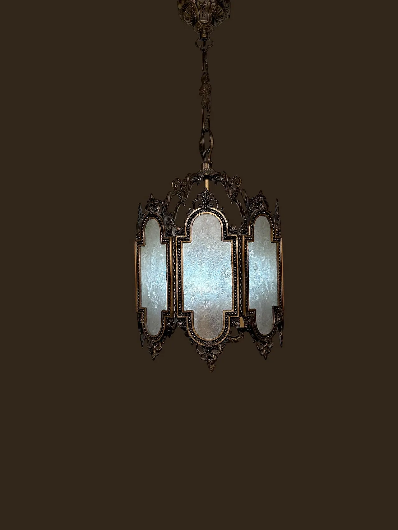 8-Sided neo gothic brass lantern chandelier, 1970s 8