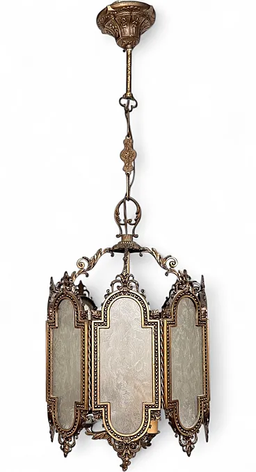 8-Sided neo gothic brass lantern chandelier, 1970s
