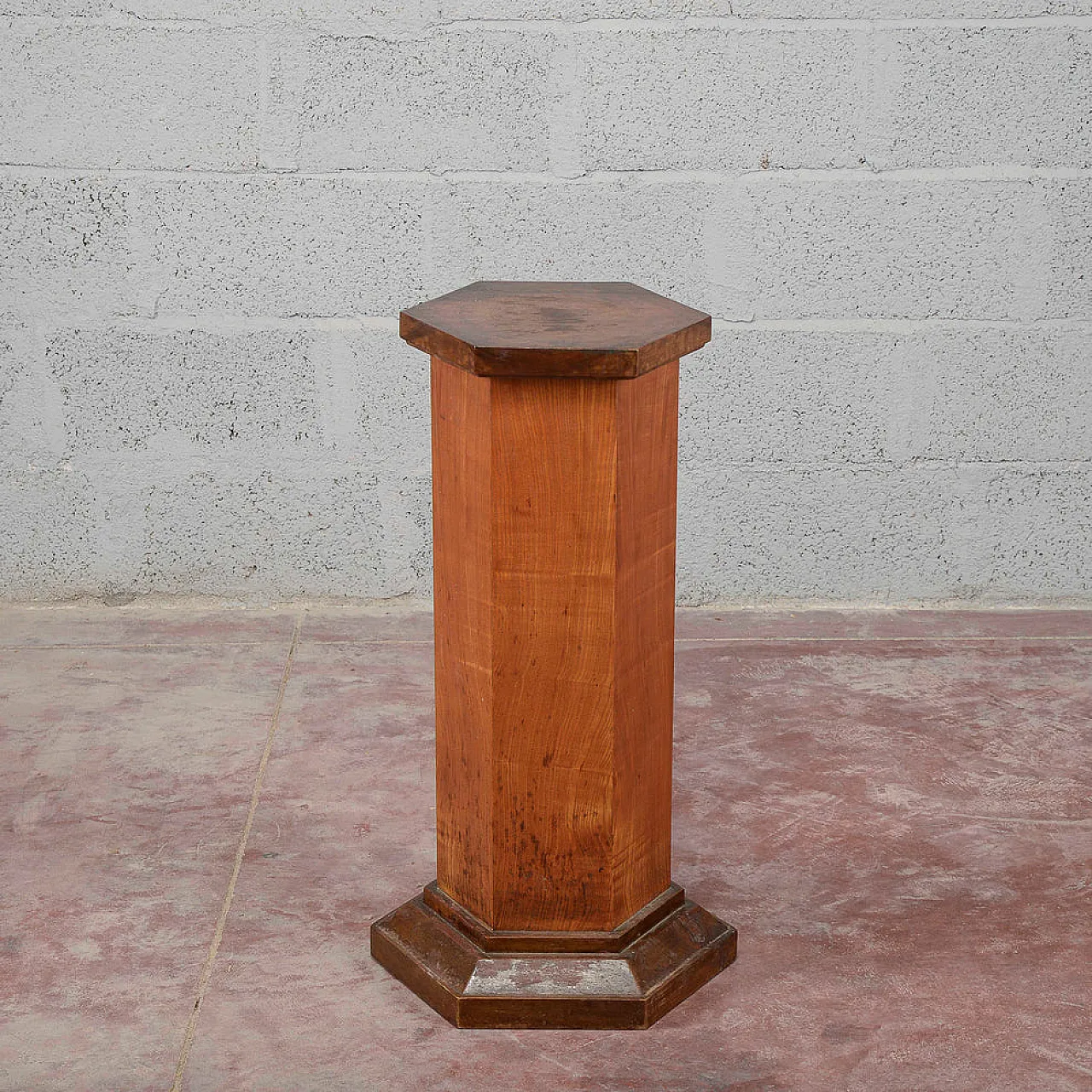 Hexagonal walnut veneered column, 1930s 1