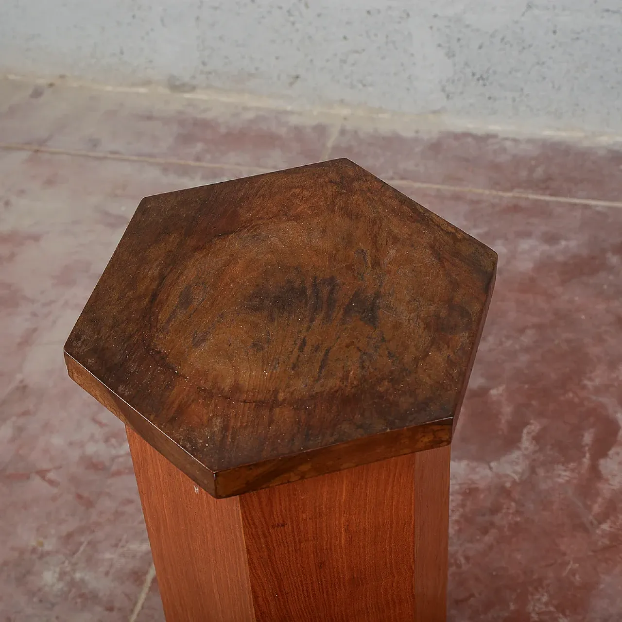 Hexagonal walnut veneered column, 1930s 5