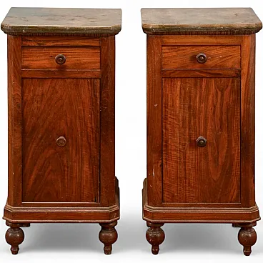 Pair of fir bedside tables with marble tops, 19th century