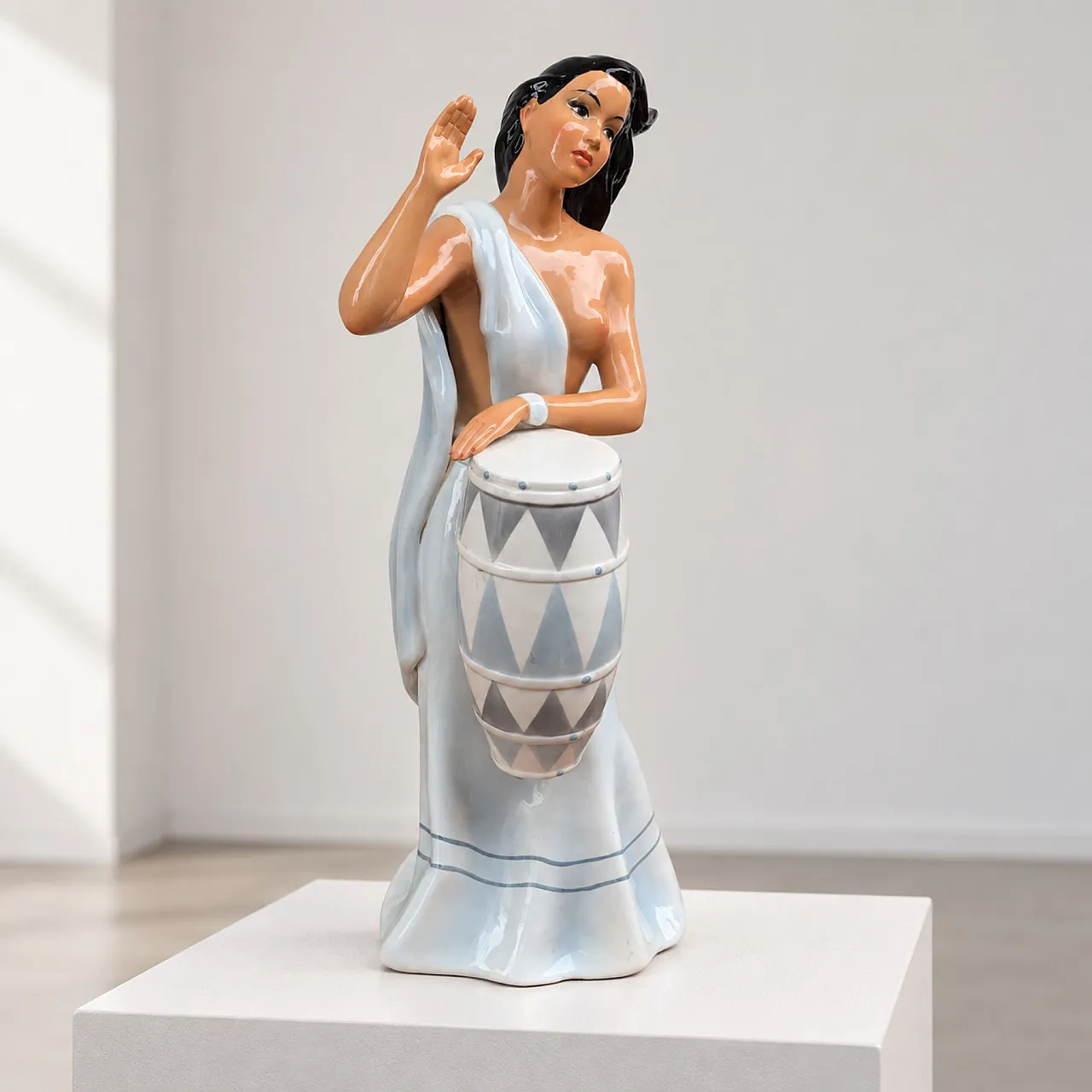 Rare glazed ceramic sculpture of a woman with a drum by Ronzan, 1950s 3