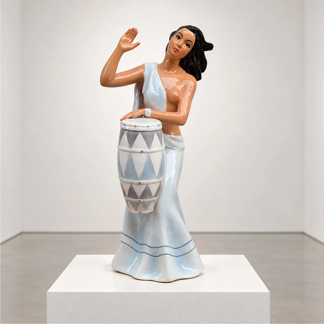 Rare glazed ceramic sculpture of a woman with a drum by Ronzan, 1950s 4