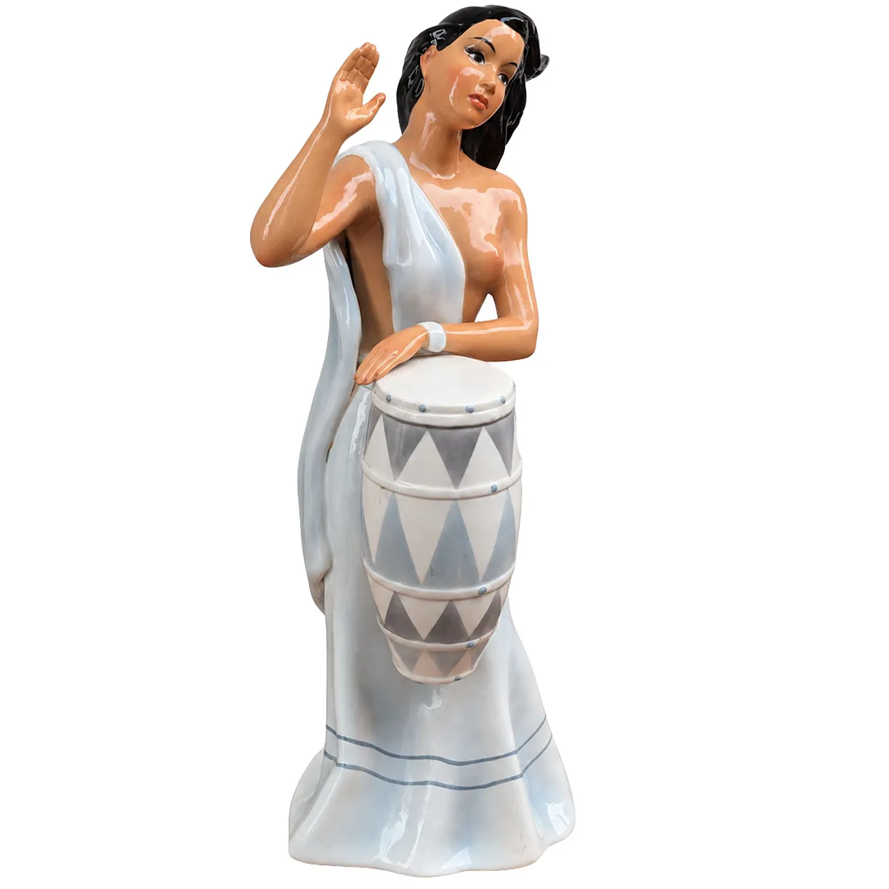 Rare glazed ceramic sculpture of a woman with a drum by Ronzan, 1950s 6