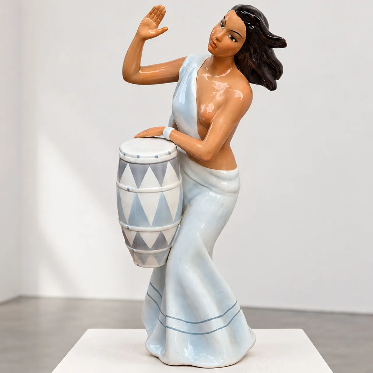 Rare glazed ceramic sculpture of a woman with a drum by Ronzan, 1950s 7