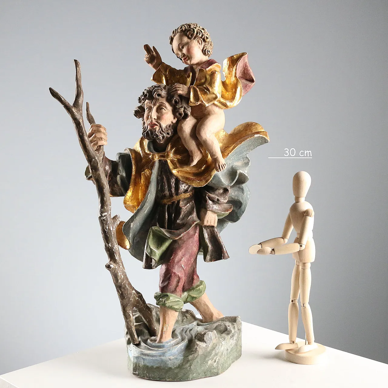 Saint Christopher and Jesus wooden sculpture, 20th century 2