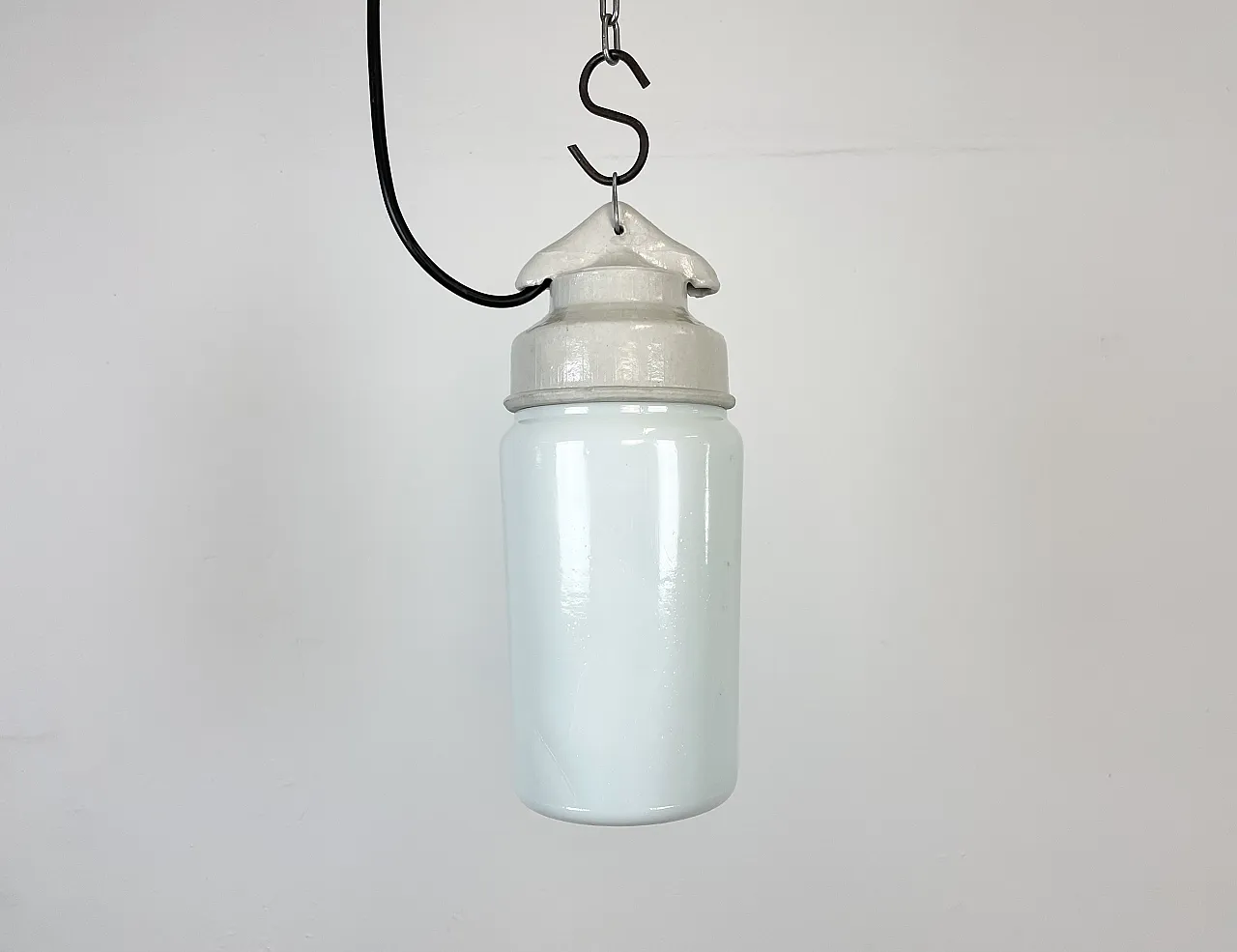Industrial White Porcelain Pendant Light with Milk Glass, 1970s 2