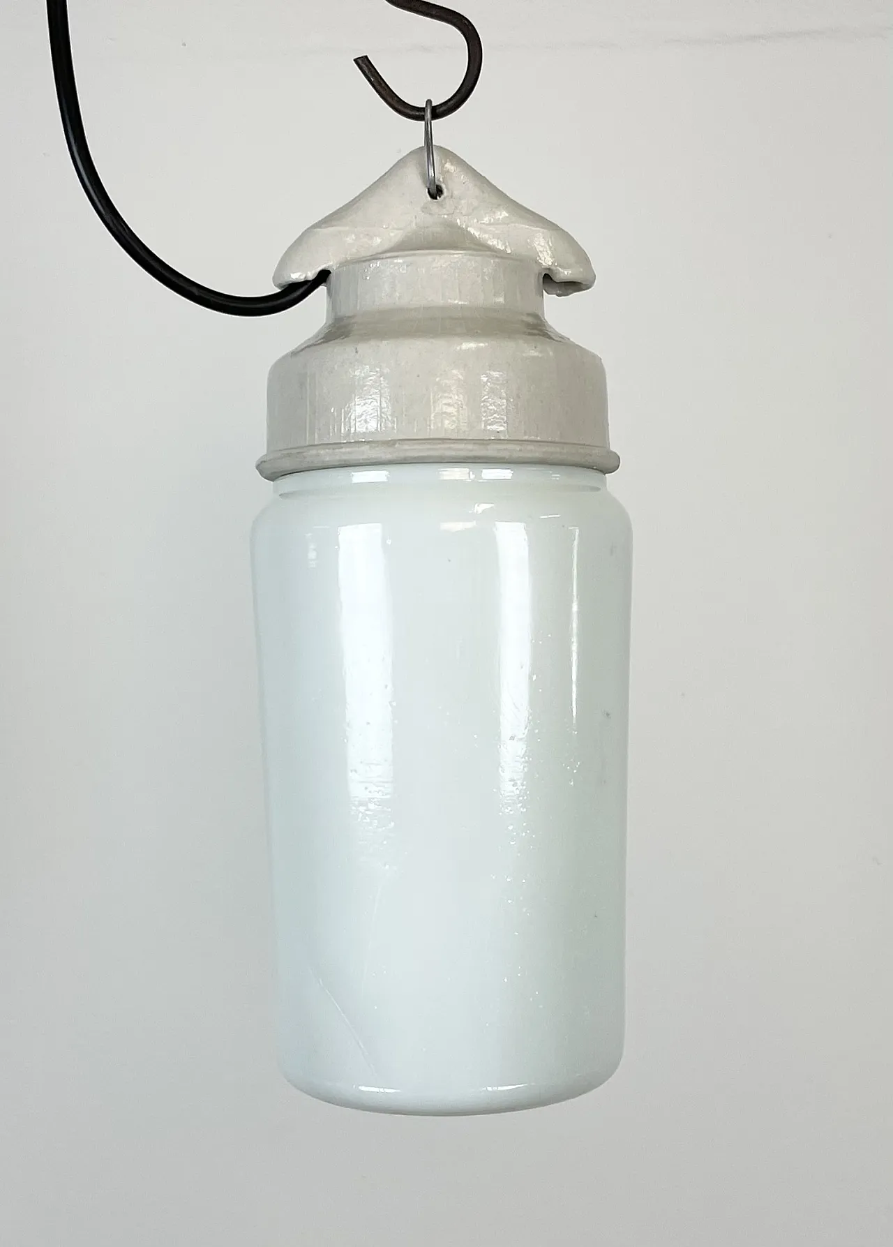 Industrial White Porcelain Pendant Light with Milk Glass, 1970s 3