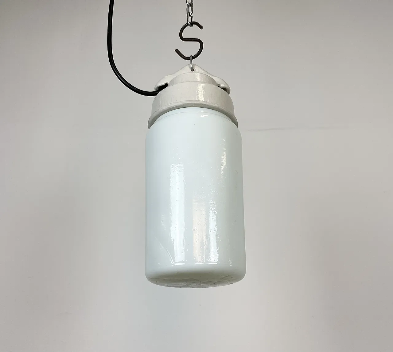 Industrial White Porcelain Pendant Light with Milk Glass, 1970s 6
