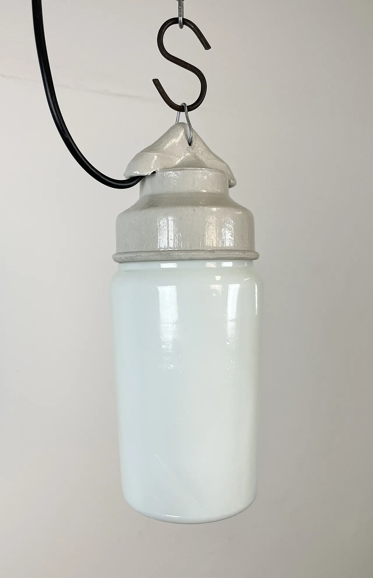Industrial White Porcelain Pendant Light with Milk Glass, 1970s 8