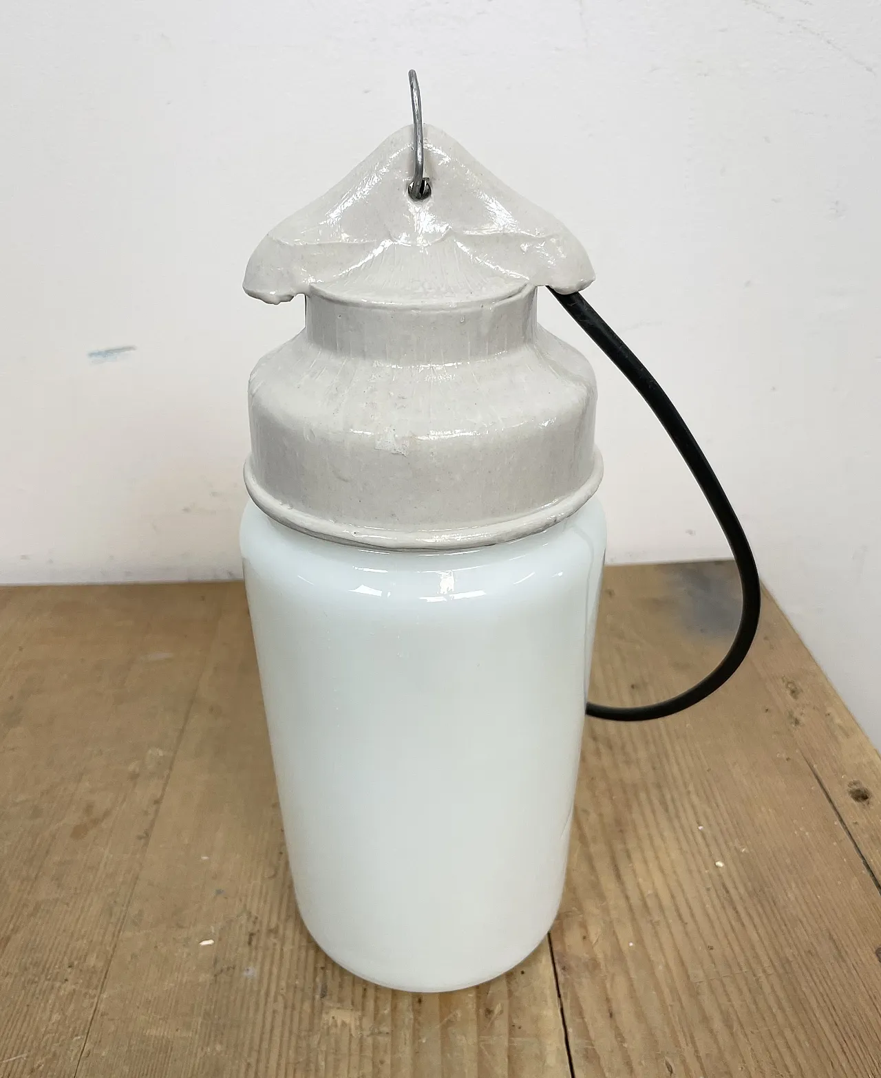 Industrial White Porcelain Pendant Light with Milk Glass, 1970s 11