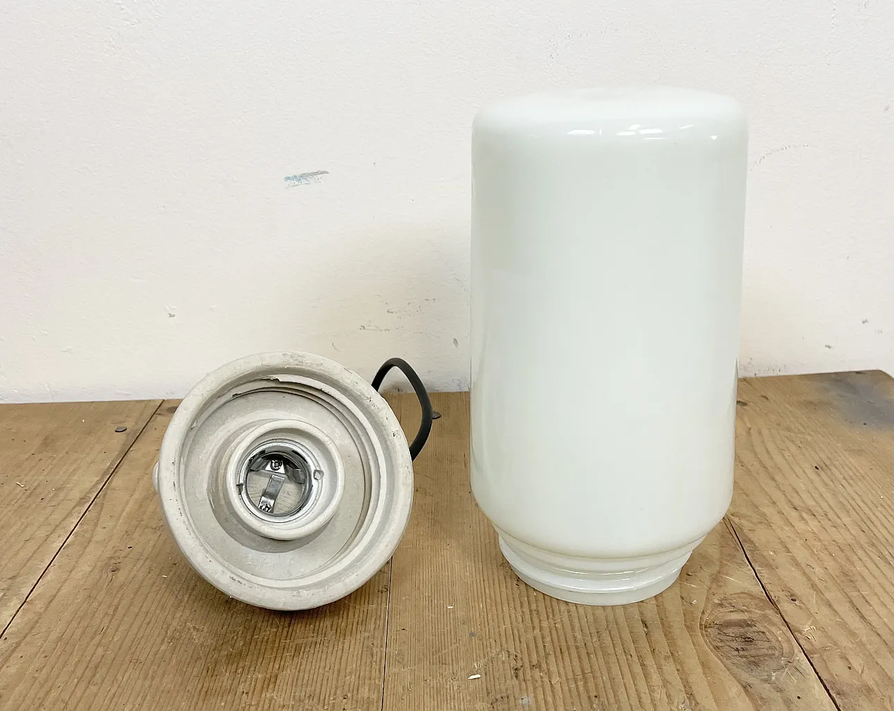 Industrial White Porcelain Pendant Light with Milk Glass, 1970s 12
