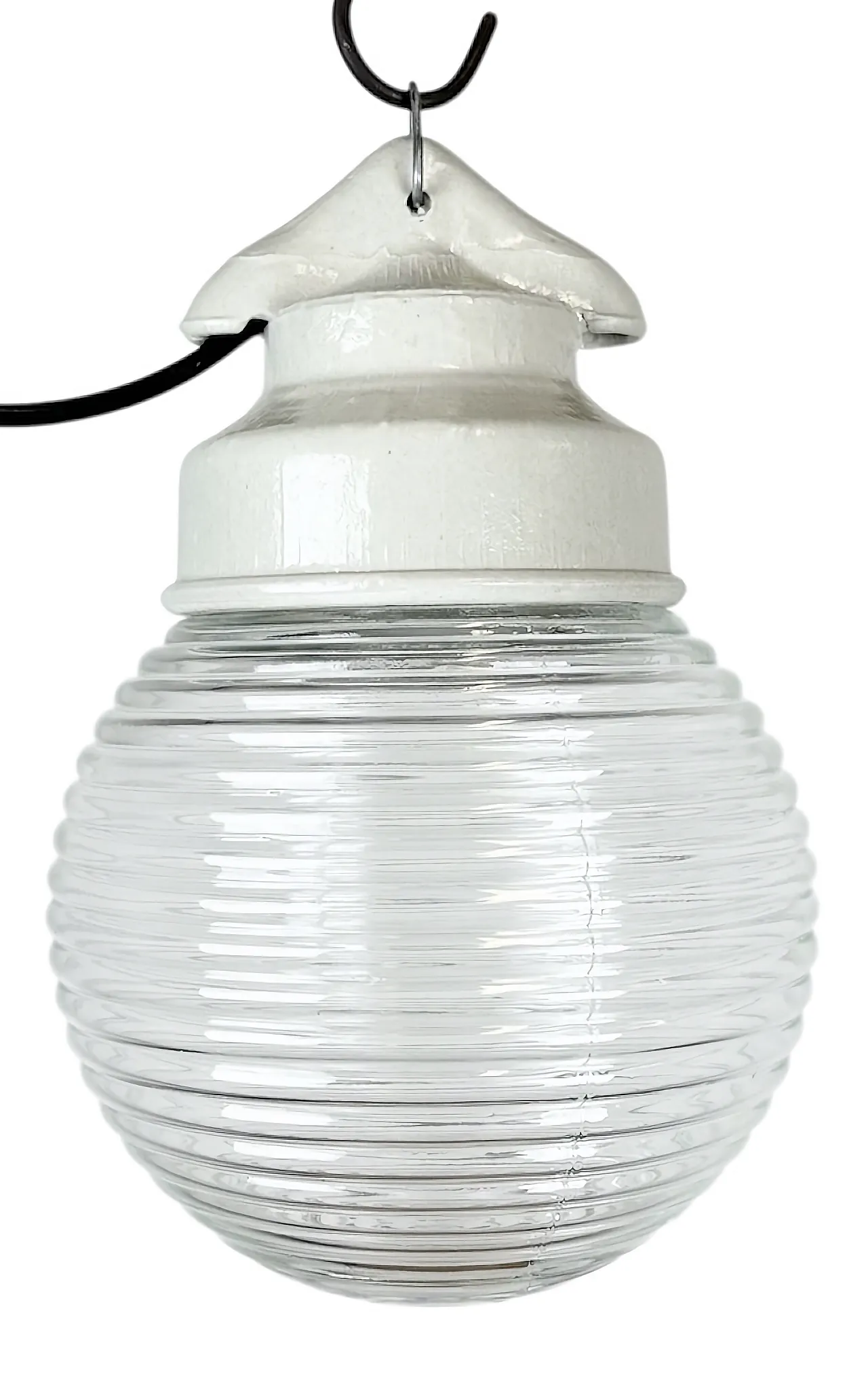Lampada a sospensione industriale in porcellana bianca con vetro scanalato, anni '70 1