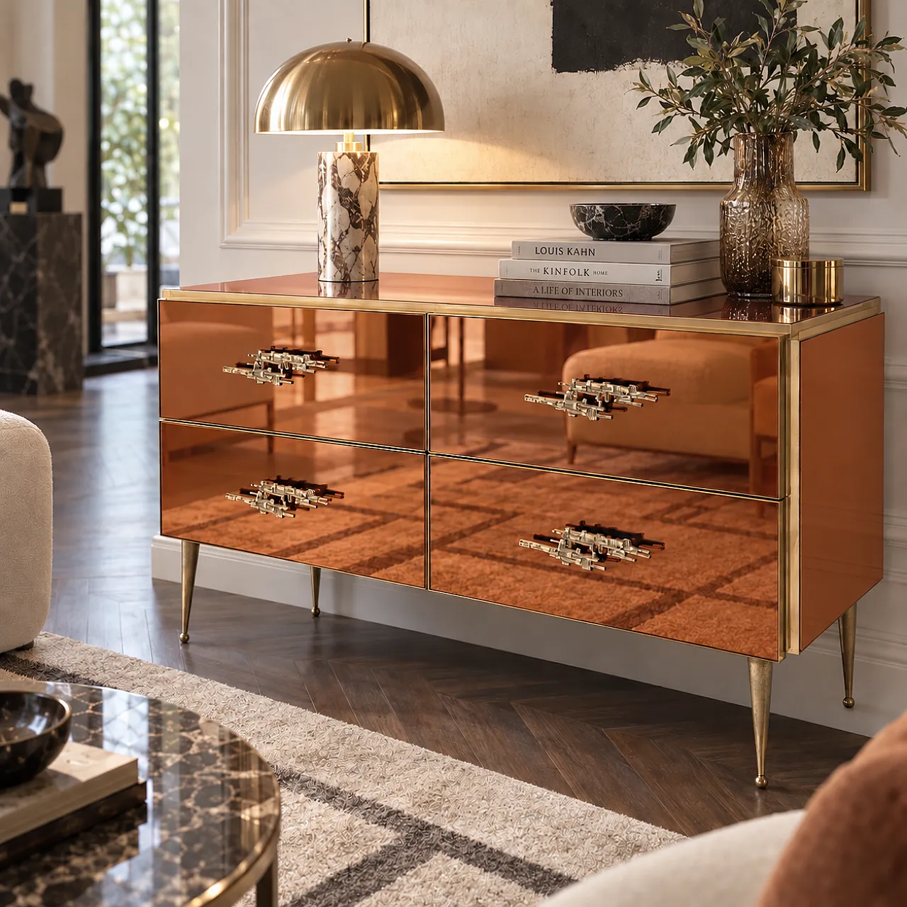 Amber mirrored chest of drawers with brass details, 2000s 1