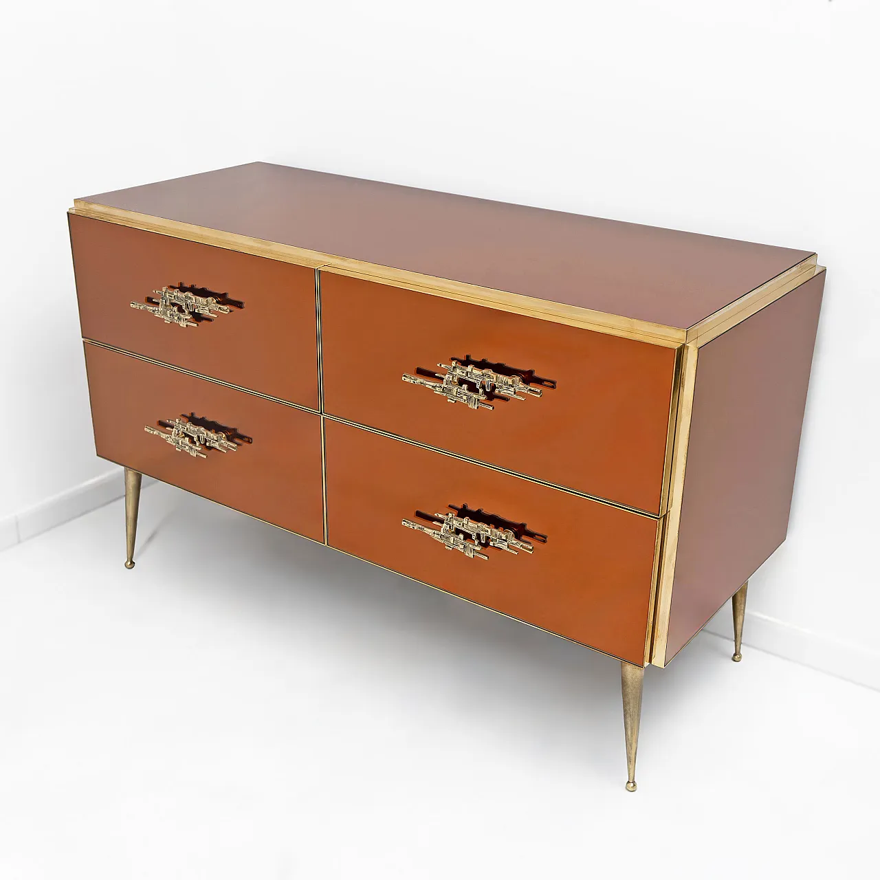 Amber mirrored chest of drawers with brass details, 2000s 3