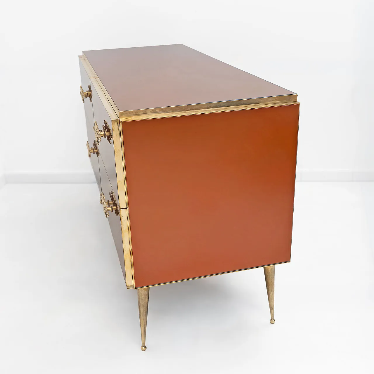 Amber mirrored chest of drawers with brass details, 2000s 4
