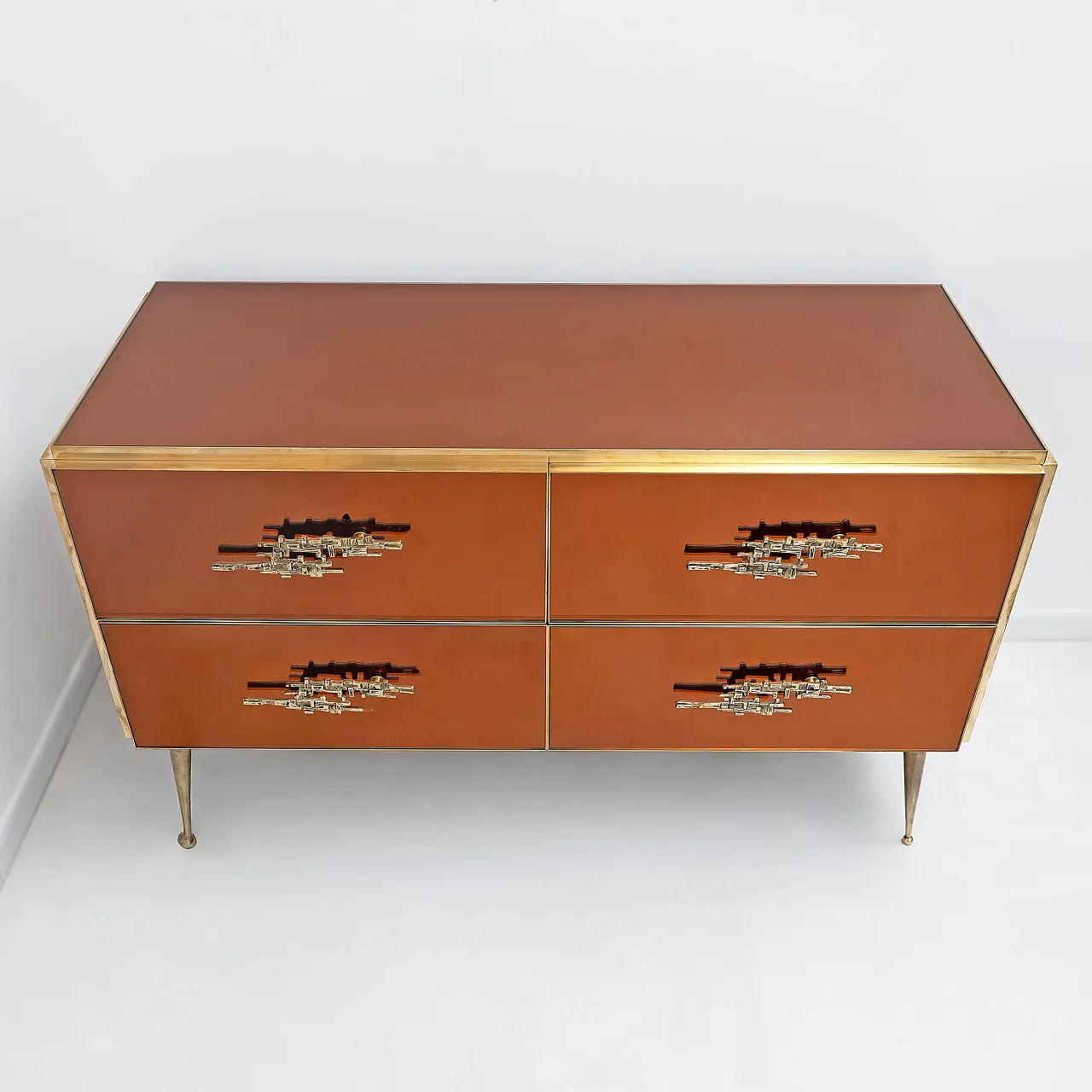 Amber mirrored chest of drawers with brass details, 2000s 5