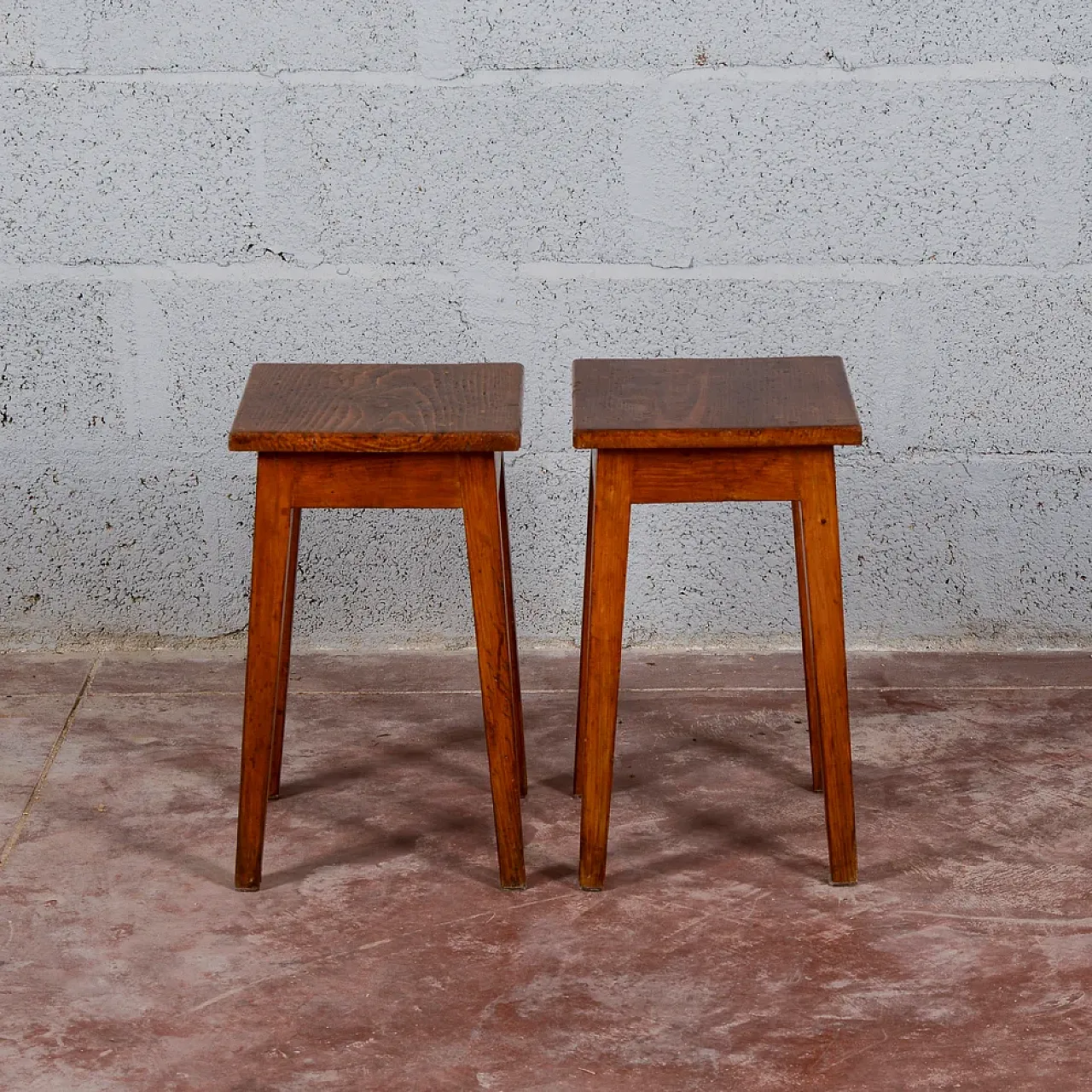 Pair of low wooden stools, mid-20th century 1