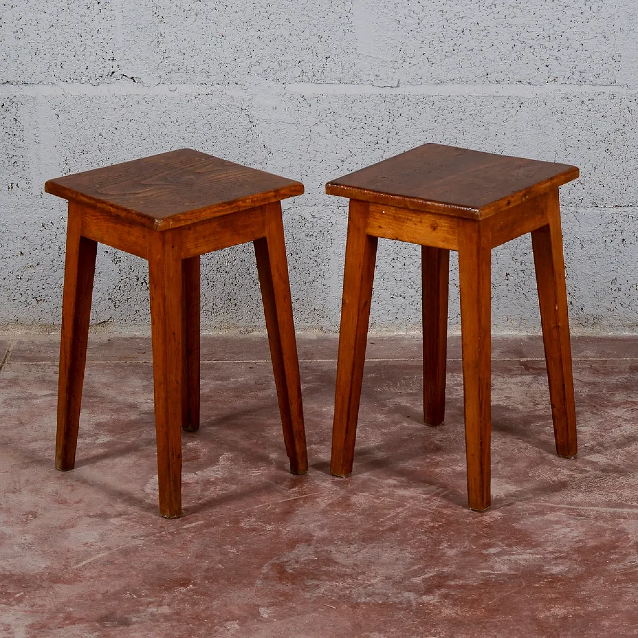 Pair of low wooden stools, mid-20th century 4
