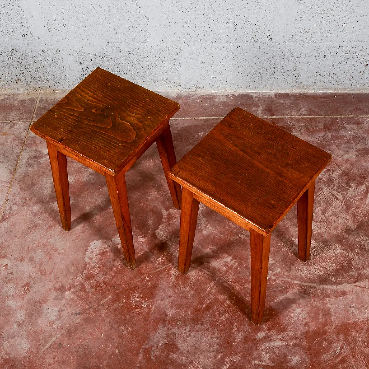 Pair of low wooden stools, mid-20th century 5
